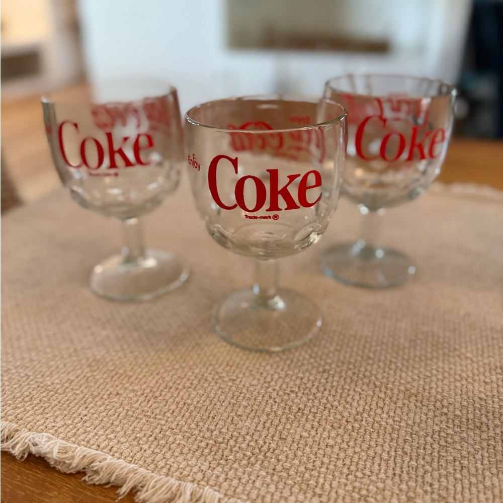 Vintage thumbprint Coca-Cola pedestal stem Goblets with Red Logo 16oz